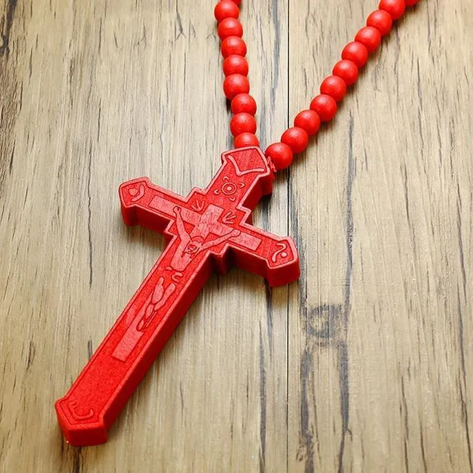 Large Catholic Wooden Cross Bead Rosary Pendant Necklace