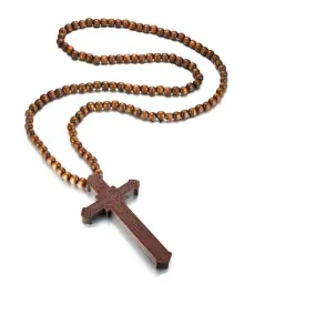 Large Catholic Wooden Cross Bead Rosary Pendant Necklace