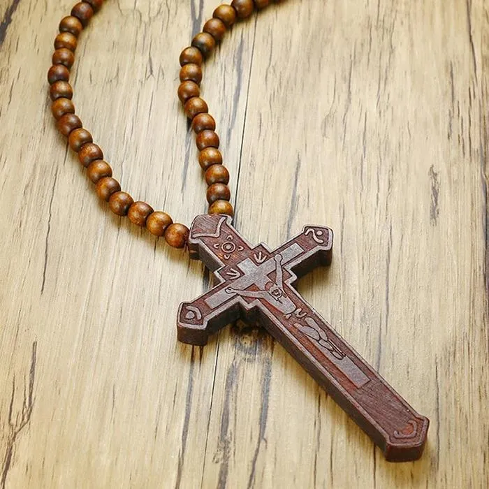 Large Catholic Wooden Cross Bead Rosary Pendant Necklace