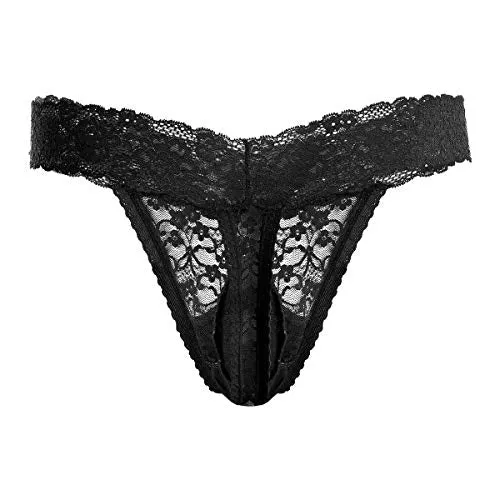 Men's Lace Frilly Sissy Thong Panties Sheer Mesh Bikini Briefs T-back G-string Underwear Black X-Large