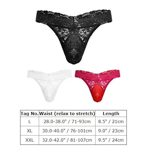 Men's Lace Frilly Sissy Thong Panties Sheer Mesh Bikini Briefs T-back G-string Underwear Black X-Large