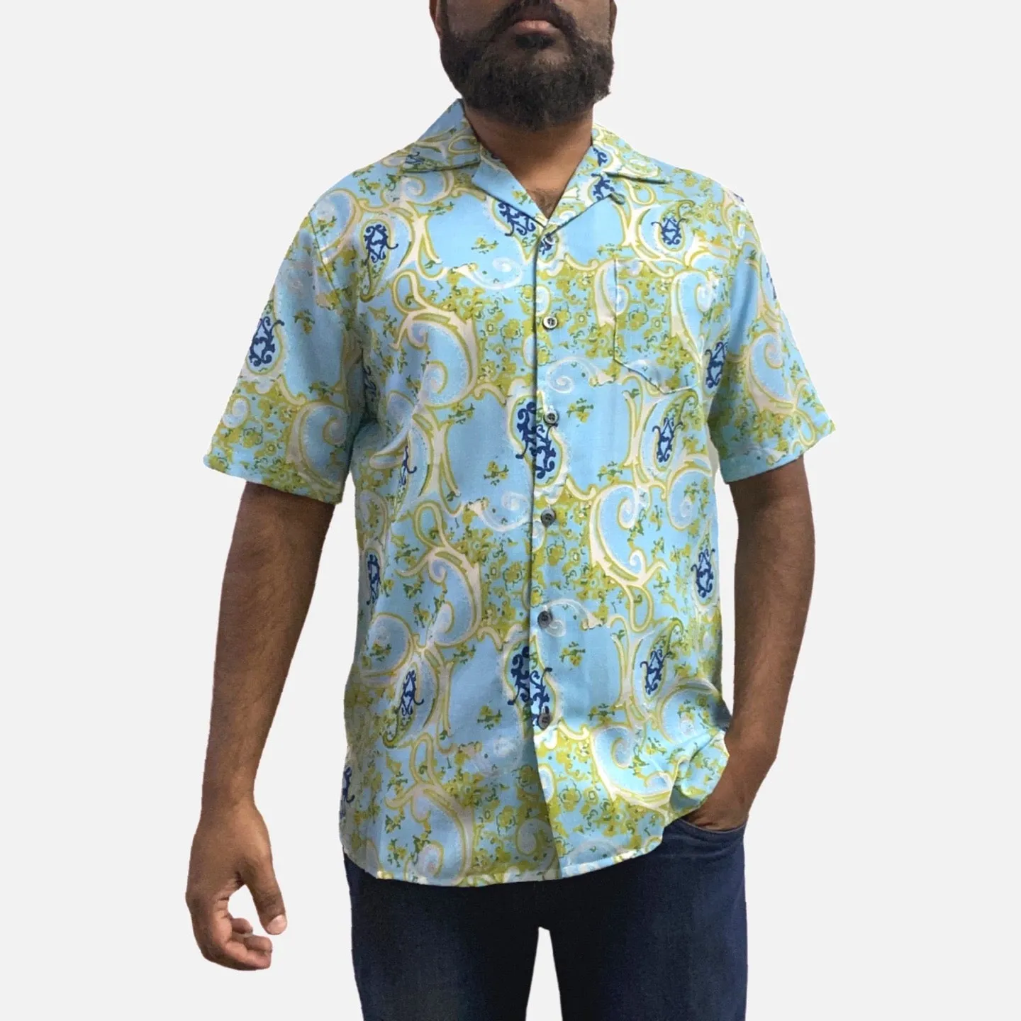 Mens Turquoise Short Sleeve Open Neck Shirt | Classic Fit | Clearance | M