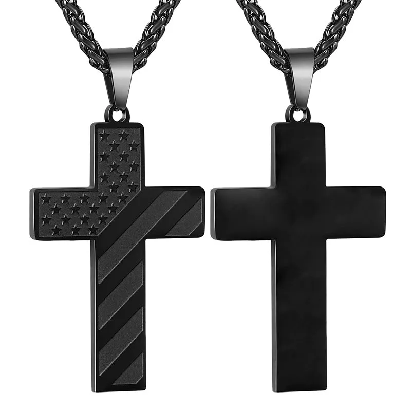 Personalized Men's Cross Necklace Bible Verse Stainless Steel American Flag Pendant Chain for Boys Men