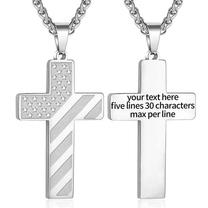 Personalized Men's Cross Necklace Bible Verse Stainless Steel American Flag Pendant Chain for Boys Men