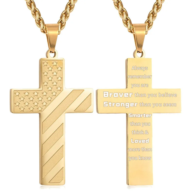 Personalized Men's Cross Necklace Bible Verse Stainless Steel American Flag Pendant Chain for Boys Men