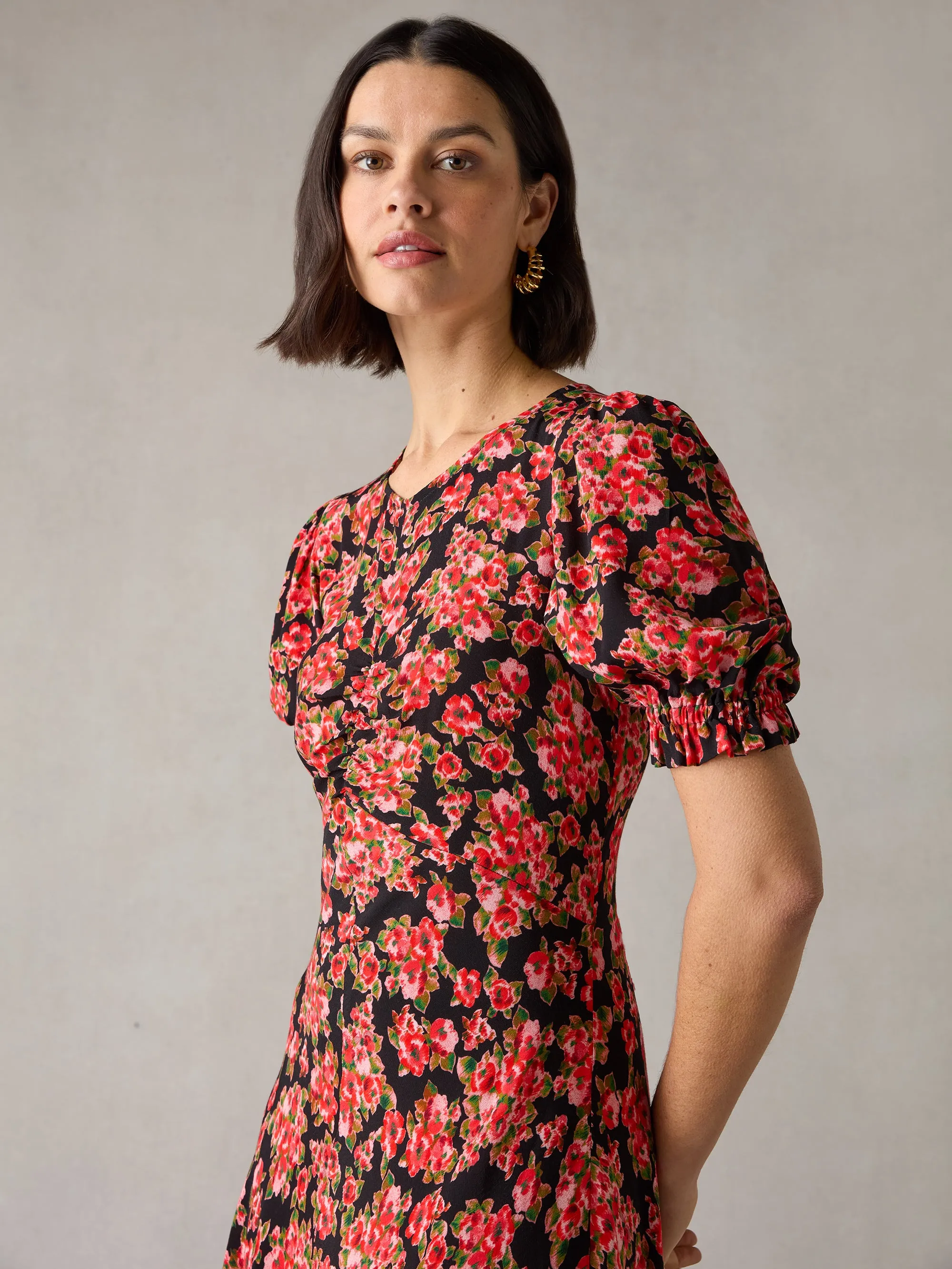 Petite Red Rose Print Ruched Front Midi Dress