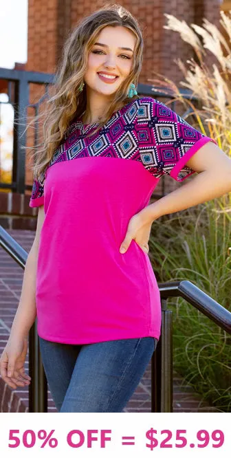 Pink top with Navy blue tribal design