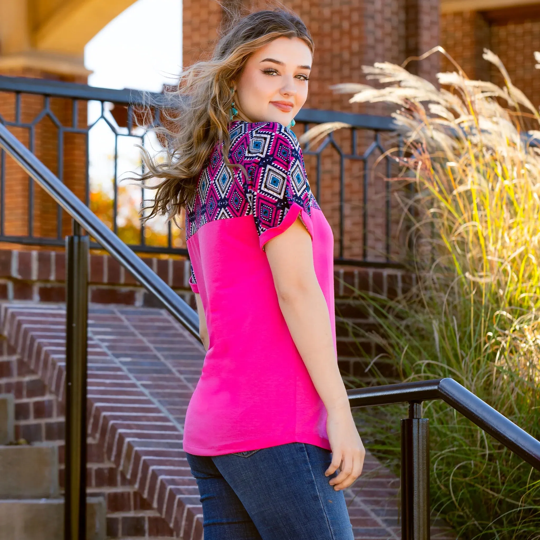 Pink top with Navy blue tribal design