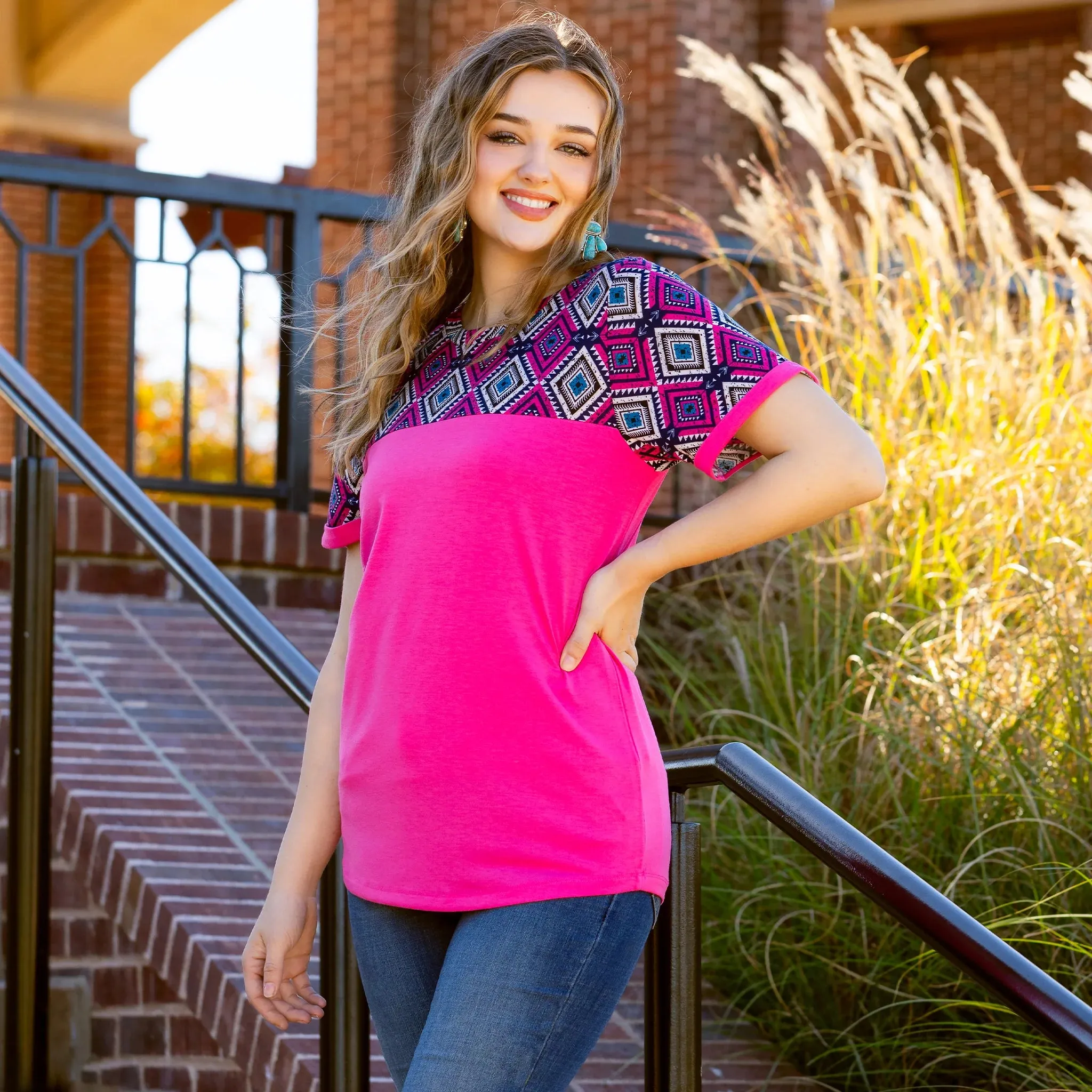 Pink top with Navy blue tribal design