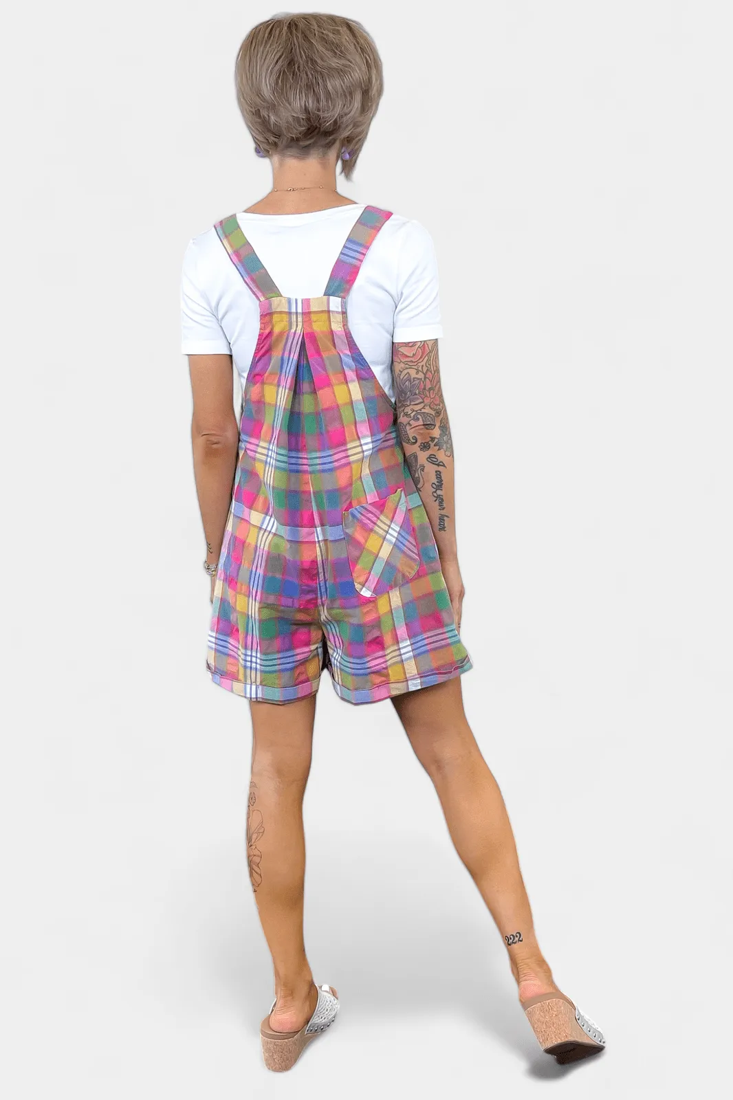 Plaid Wide Leg Short Overalls all