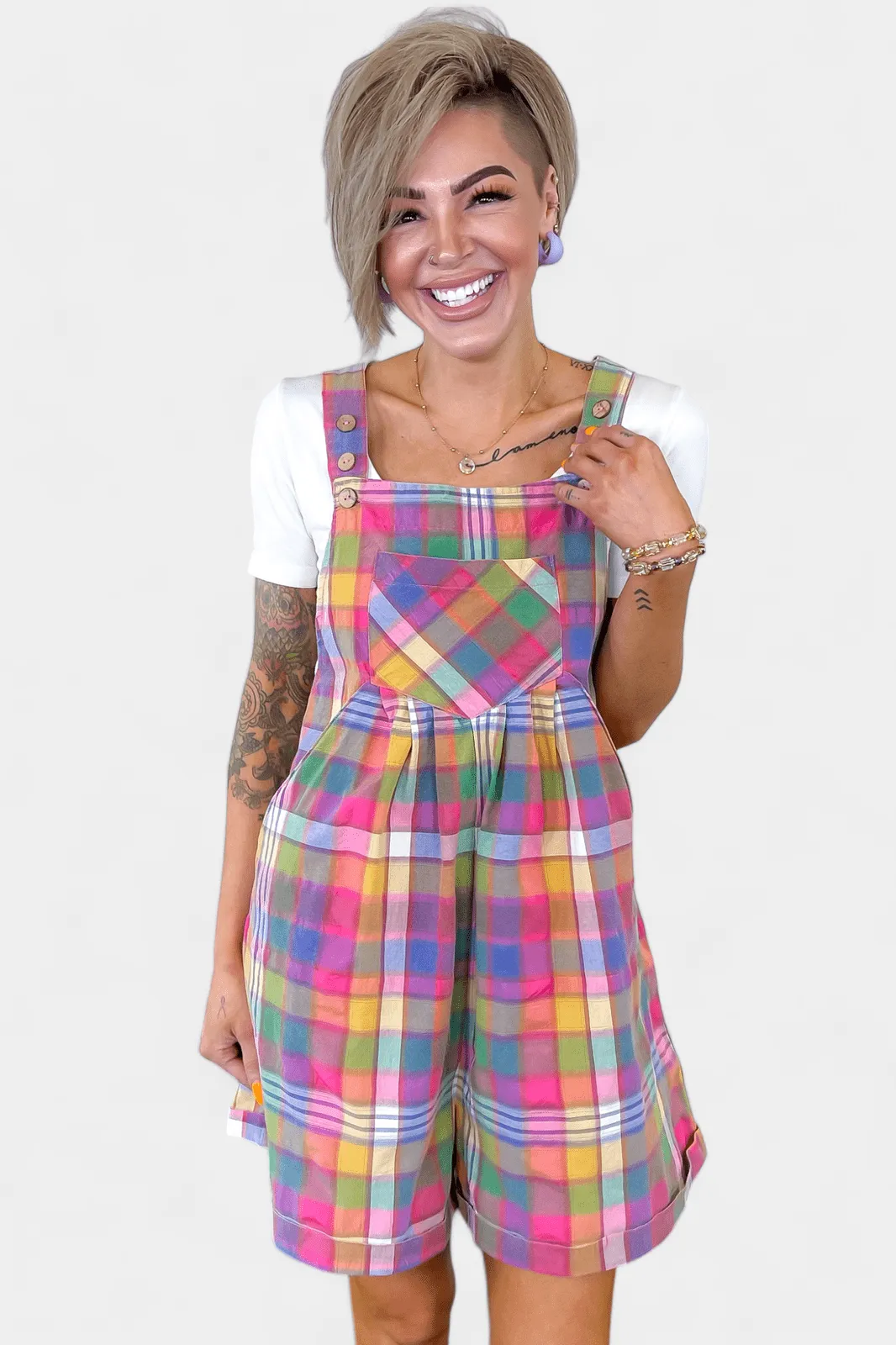 Plaid Wide Leg Short Overalls all