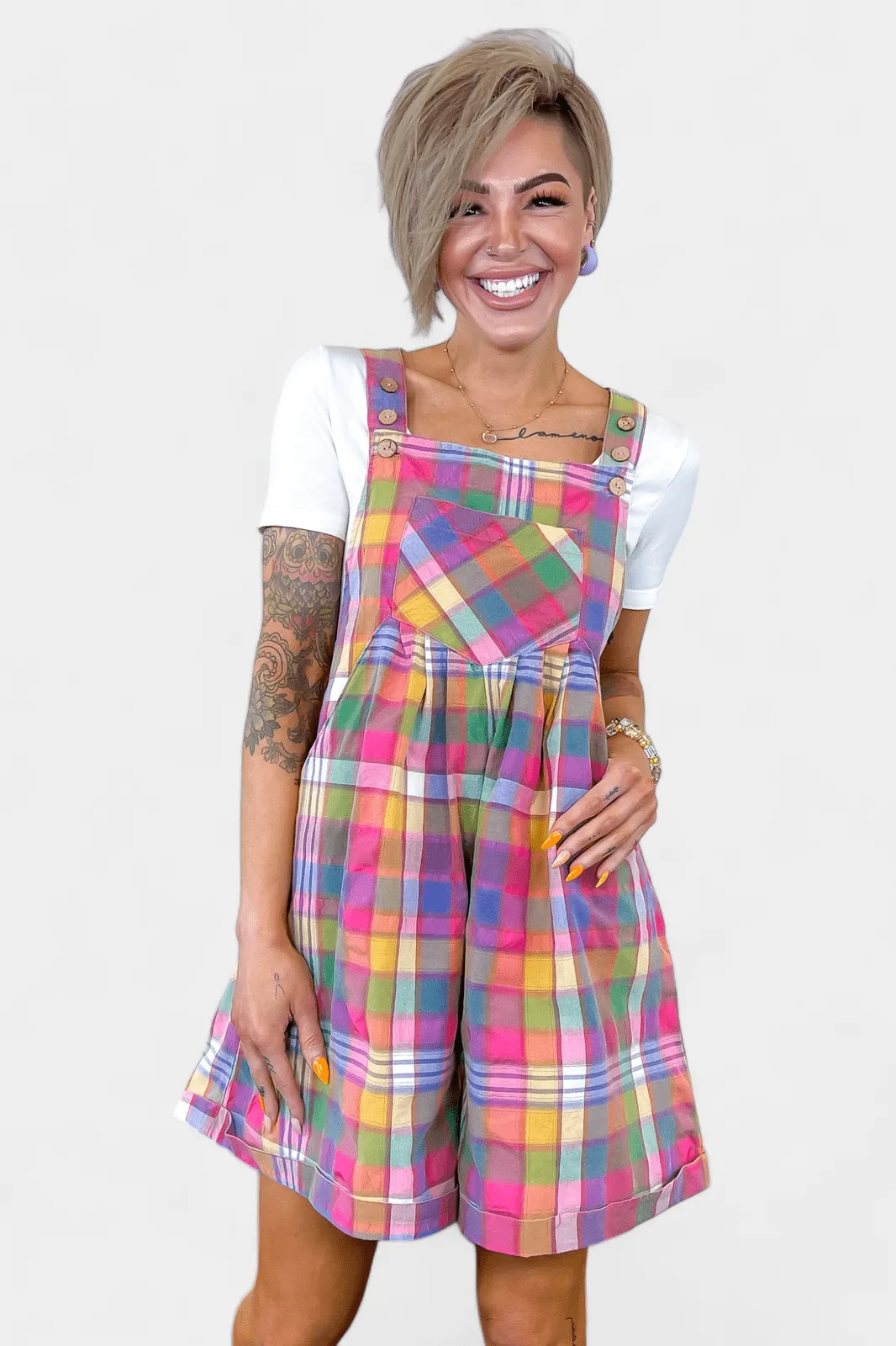 Plaid Wide Leg Short Overalls all