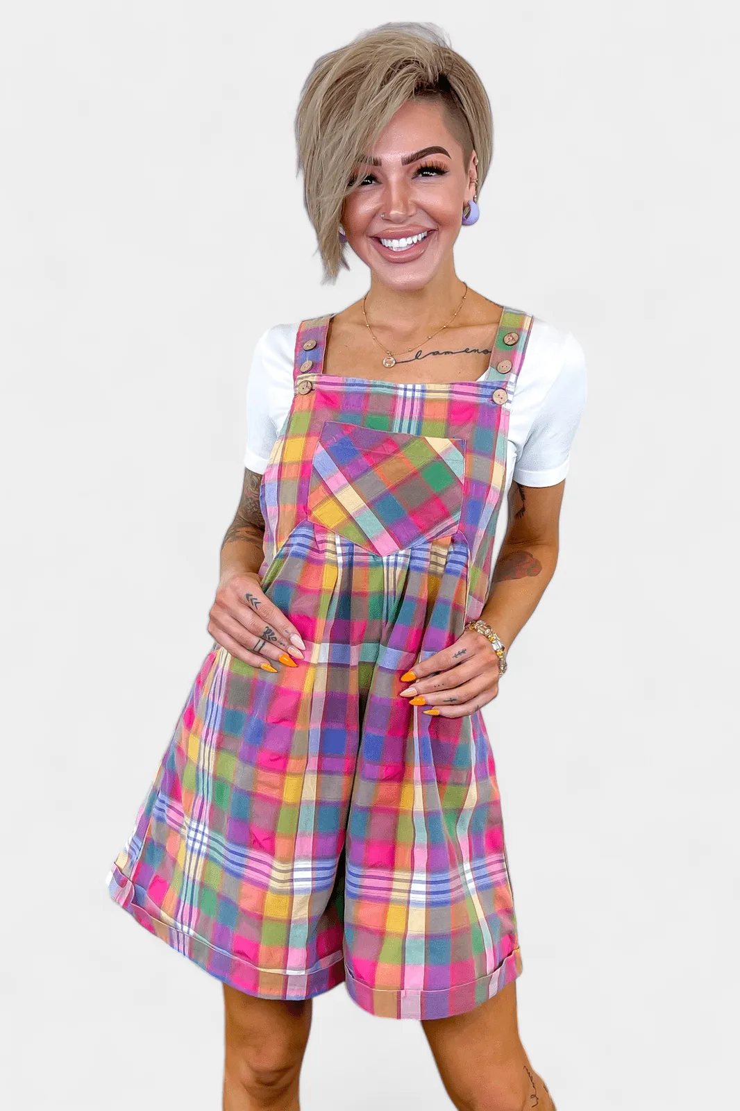 Plaid Wide Leg Short Overalls all