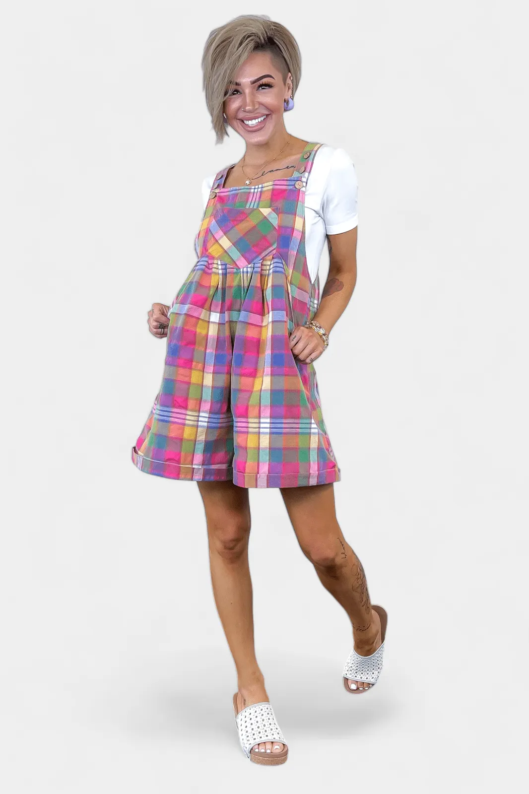 Plaid Wide Leg Short Overalls all