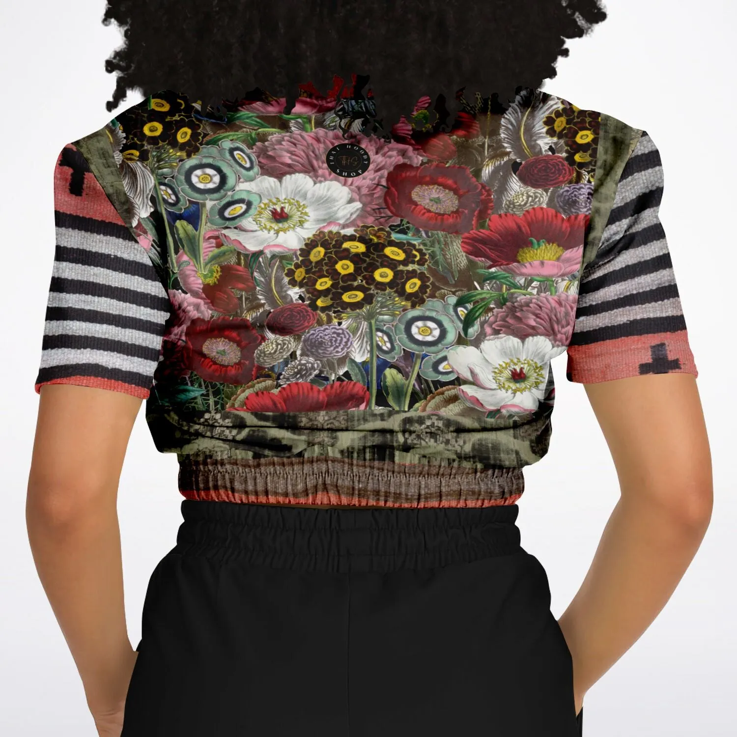 Remembering Woodstock Floral Short Sleeve Cropped Eco-Poly Sweater