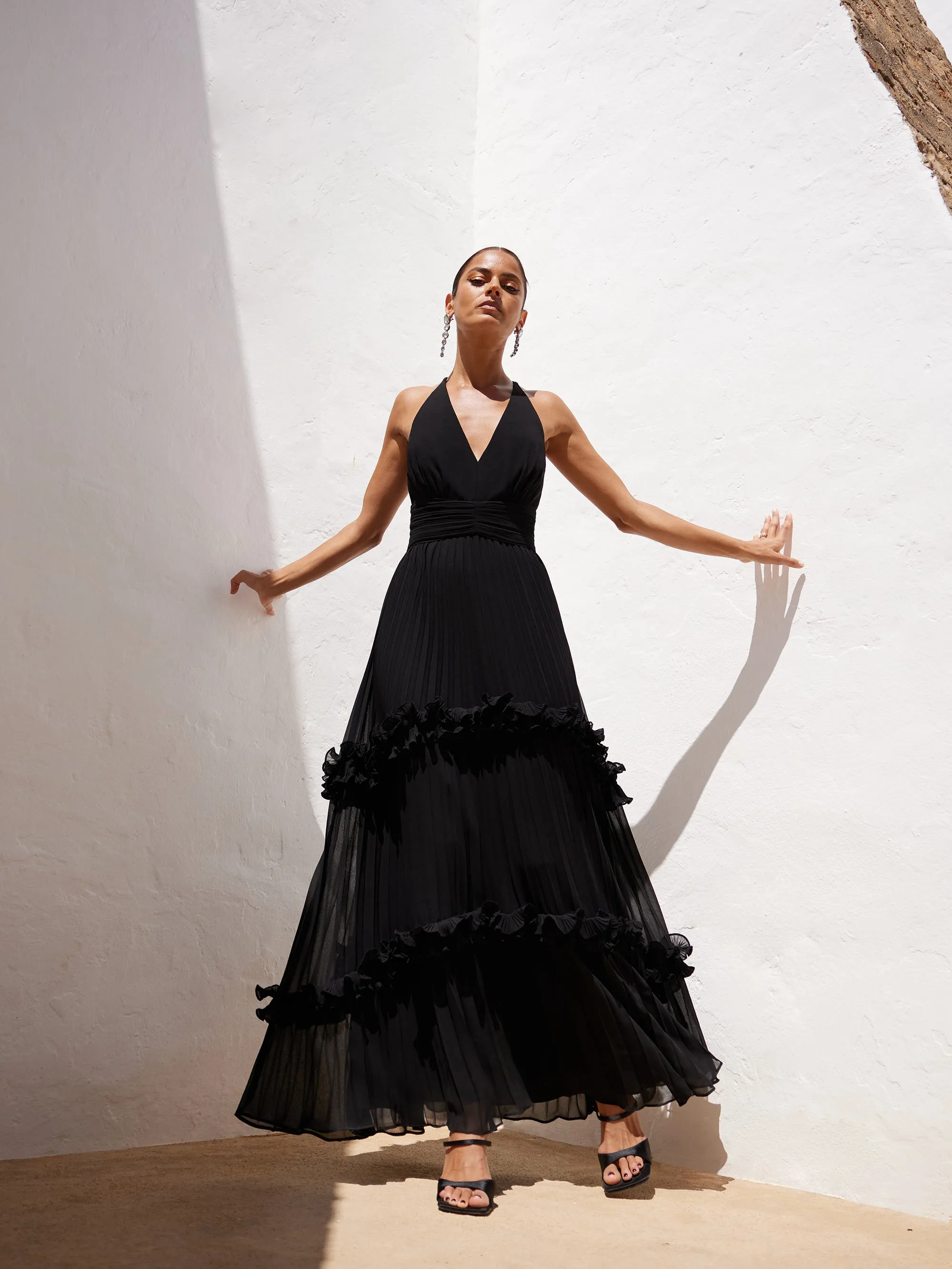 Sienna Black Pleated Frill Maxi Dress