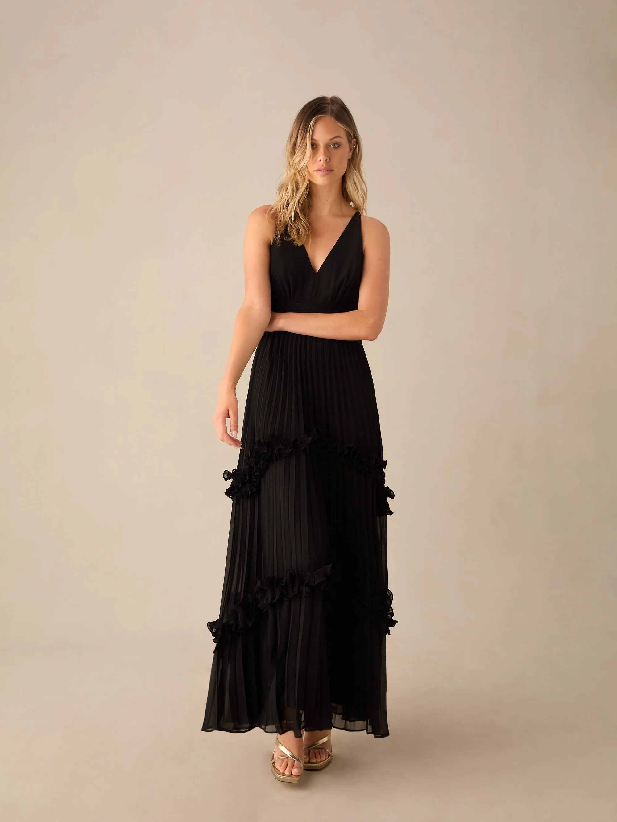 Sienna Black Pleated Frill Maxi Dress