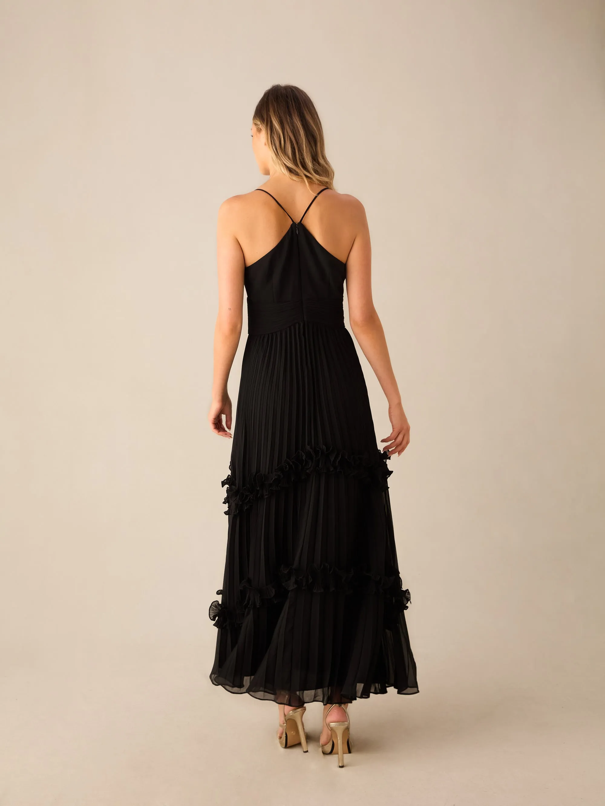 Sienna Black Pleated Frill Maxi Dress