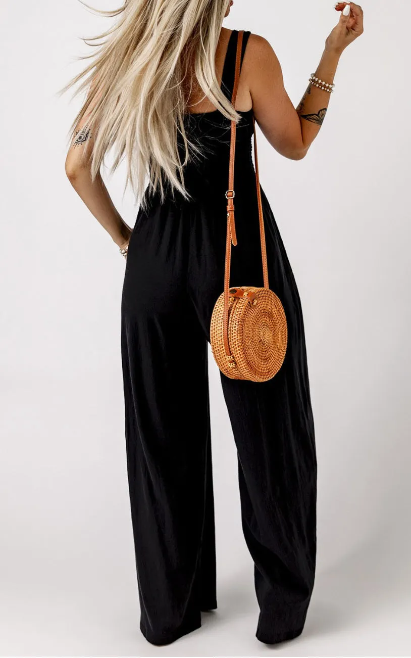 Smocked Wide Leg Jumpsuit | Black