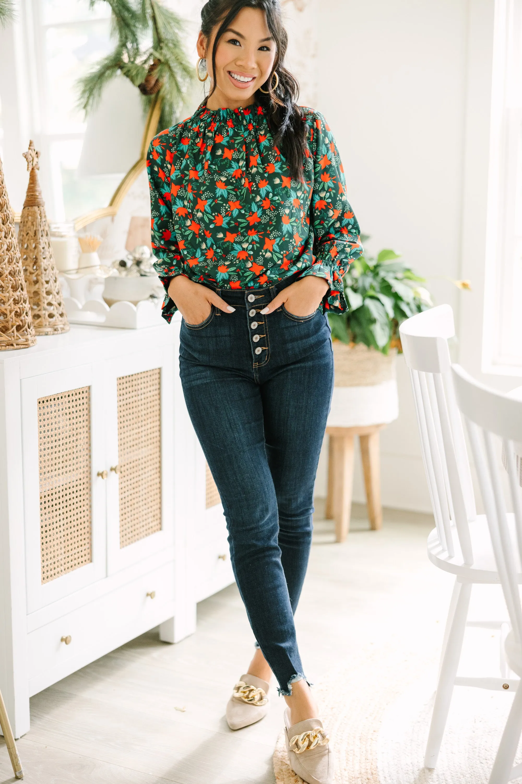 Tried And True Emerald Green Holly Ruffled Blouse