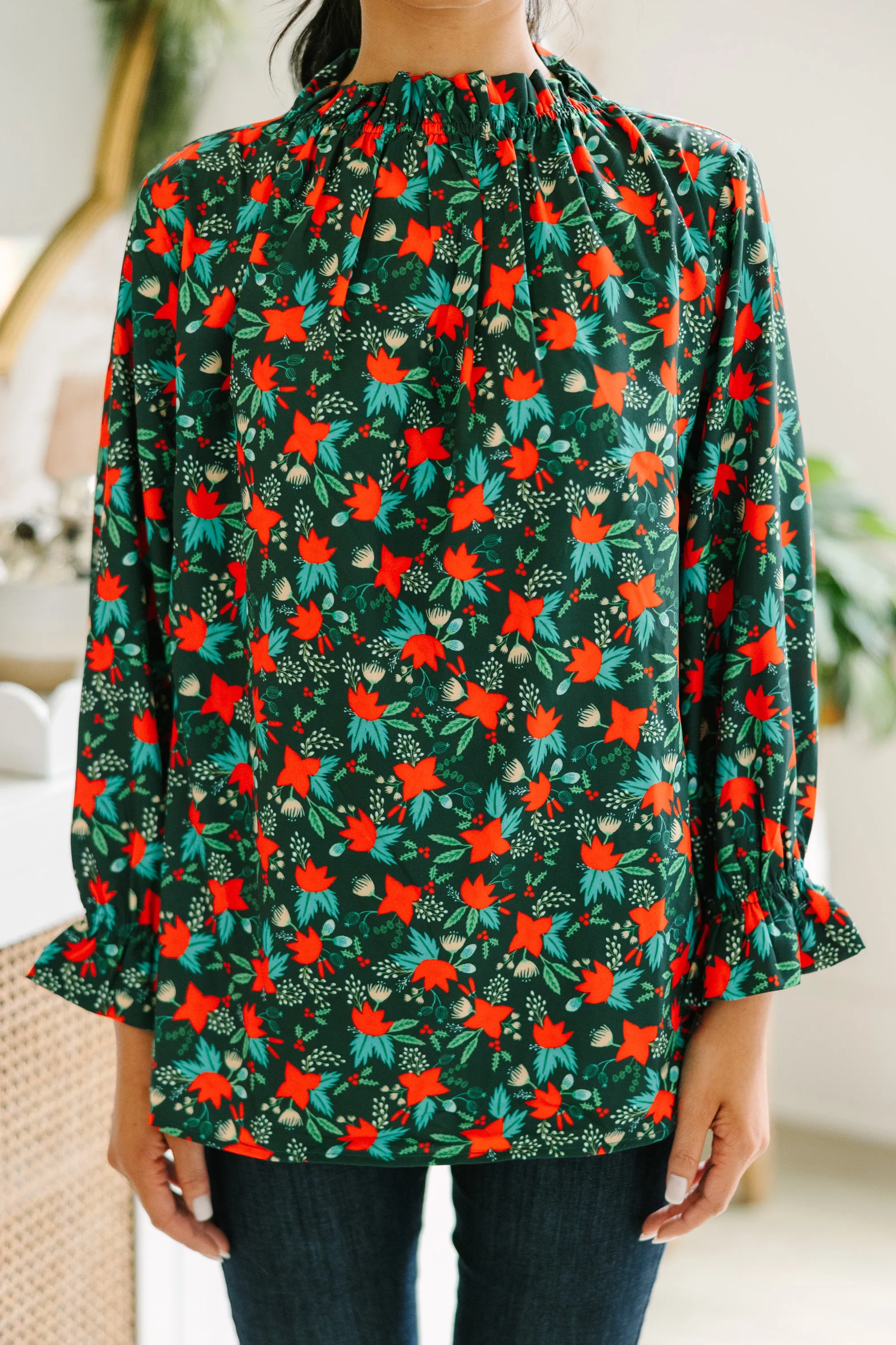 Tried And True Emerald Green Holly Ruffled Blouse